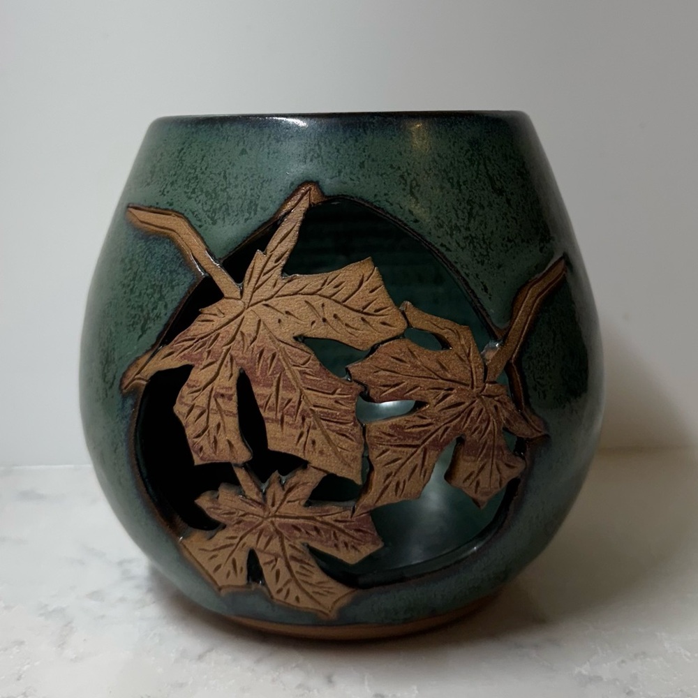 Green Ceramic Leaf Cutout Vase or Votive